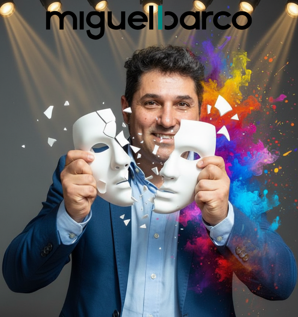 Retrato creativo de Miguel Barco sosteniendo dos máscaras rotas