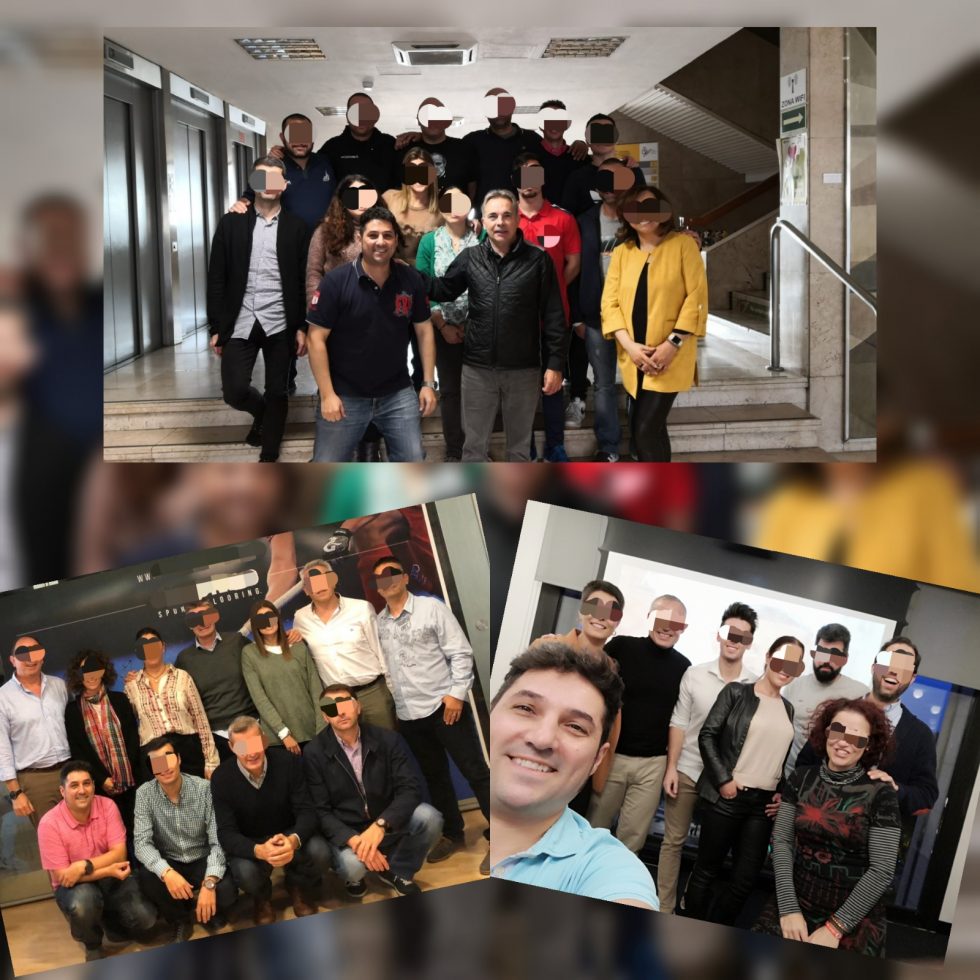 Miguel Barco junto a participantes de distintos cursos; sus rostros aparecen pixelados